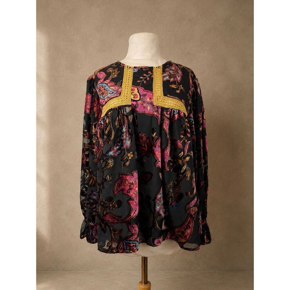 Anthropologie Sz M Let Me Be Velcra Velvet Blouse Black Floral Boho Sheer Long S